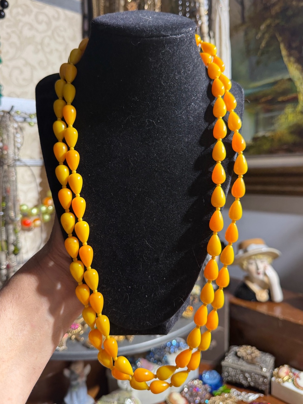 Vintage Hong Kong Yellow-Orange Long Beaded Necklace